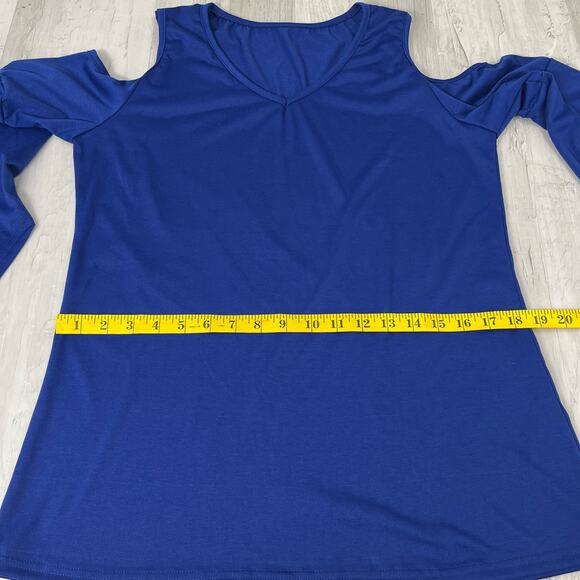 2000s Blue Bell Sleeve Cold Shoulder V Neck Flowy Long Sleeve Shirt Small - Picture 6 of 8